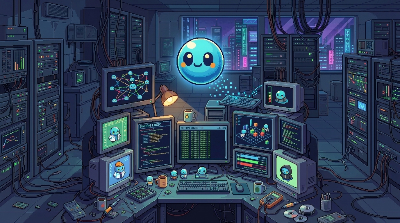 A pixel-art agent control room: many small mascot agents coordinated by one larger one, screens showing swarm logic and active agent IDs.